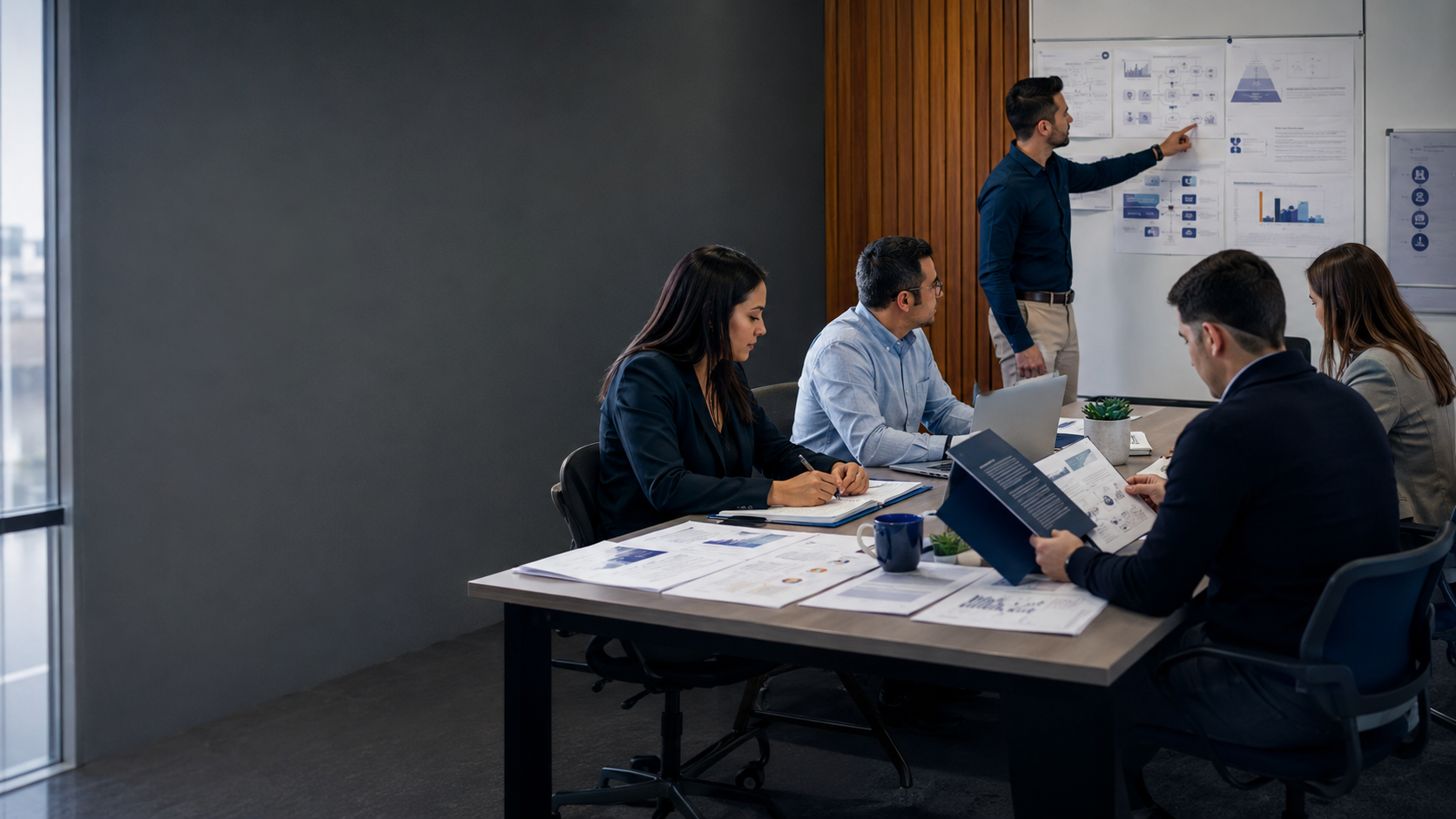 Equipo profesional revisando documentos, indicadores y procesos empresariales